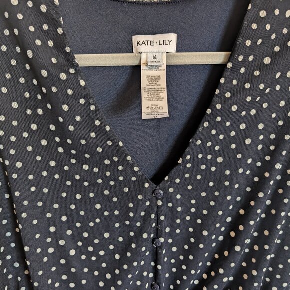 Kate & Lily tiered midi dress navy blue white polka dots Size 14 ruffles - Picture 5 of 14